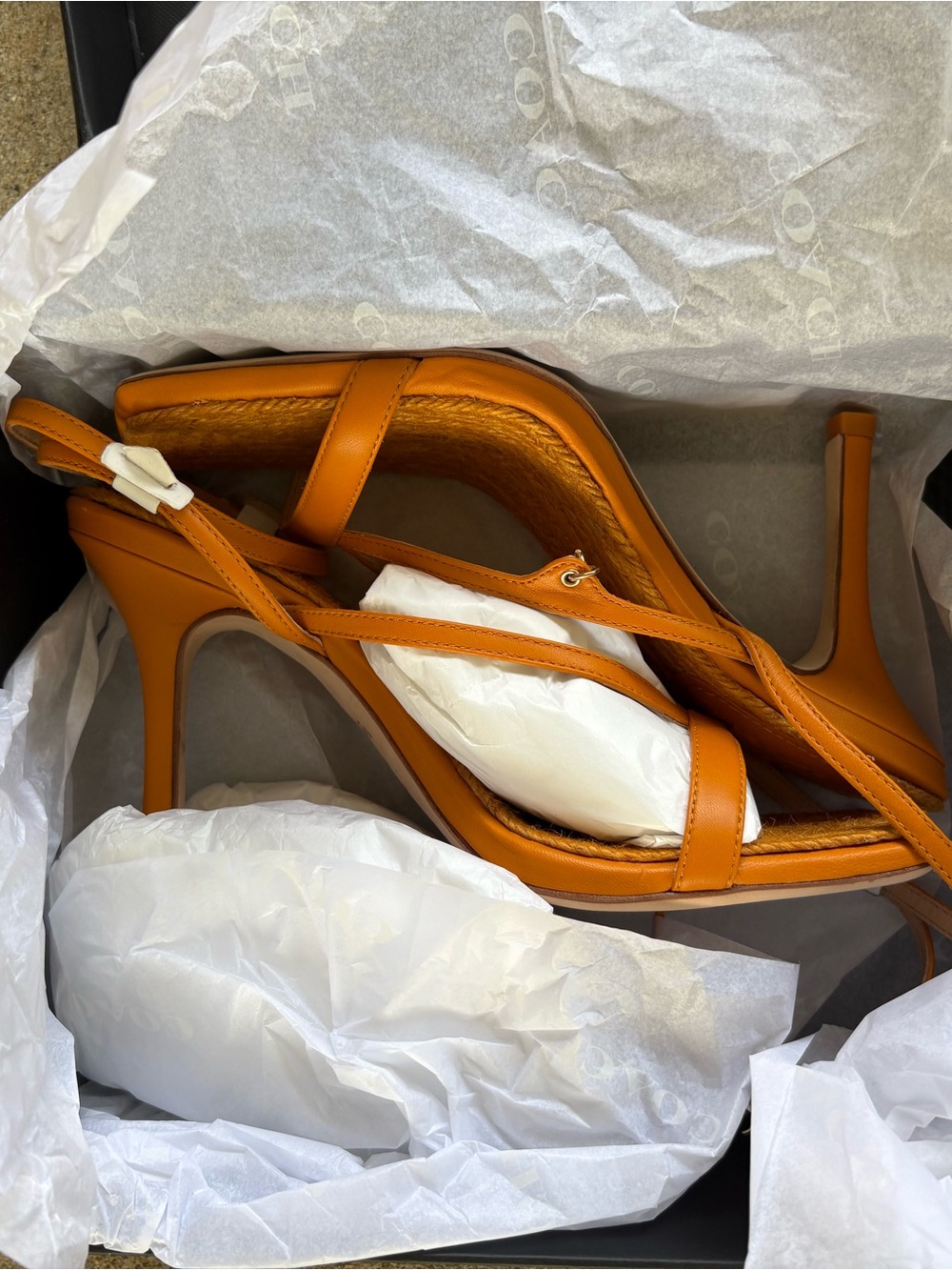 Coach Orange Leather Braided Footbed Strappy Heels - Picture 2 of 3